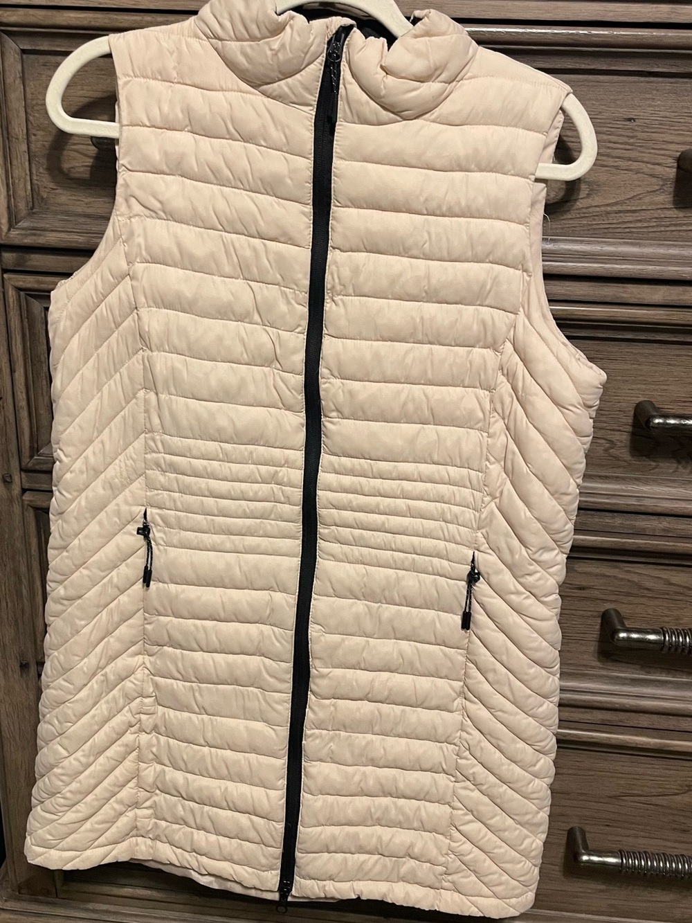 Cream Quilted long Puffer Vest with Stand Collar size medium